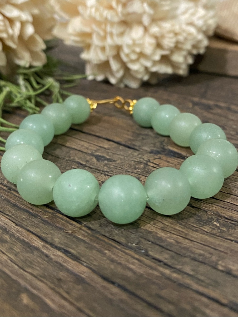 Matte Sea Green Beaded Bracelet, Stretch, Gold Filled Hook Closure